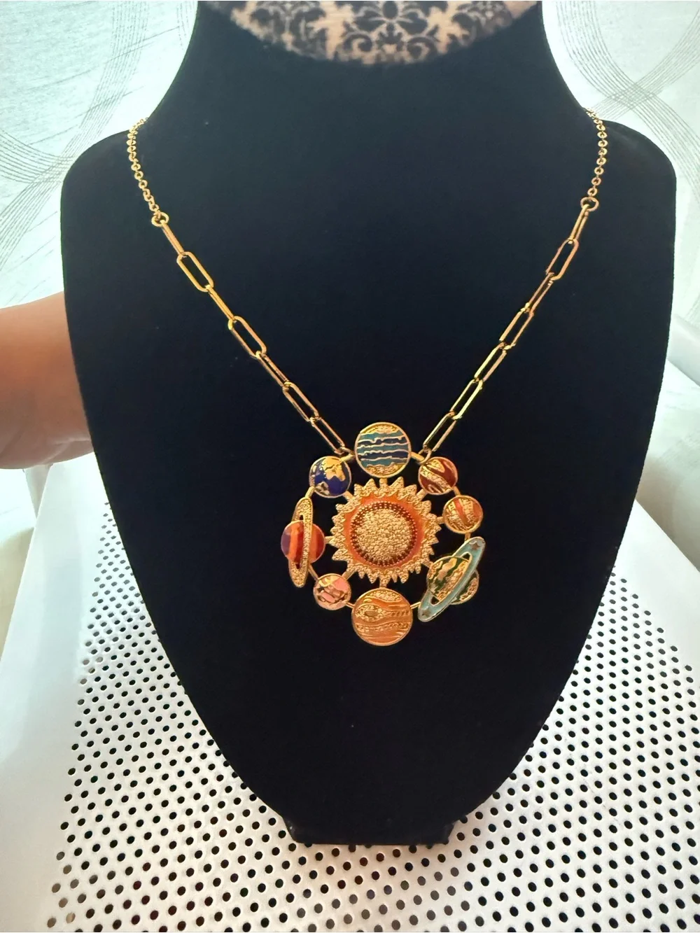 Gold-Tone Sunflower Planet Pendant Necklace - Multicolor Enamel